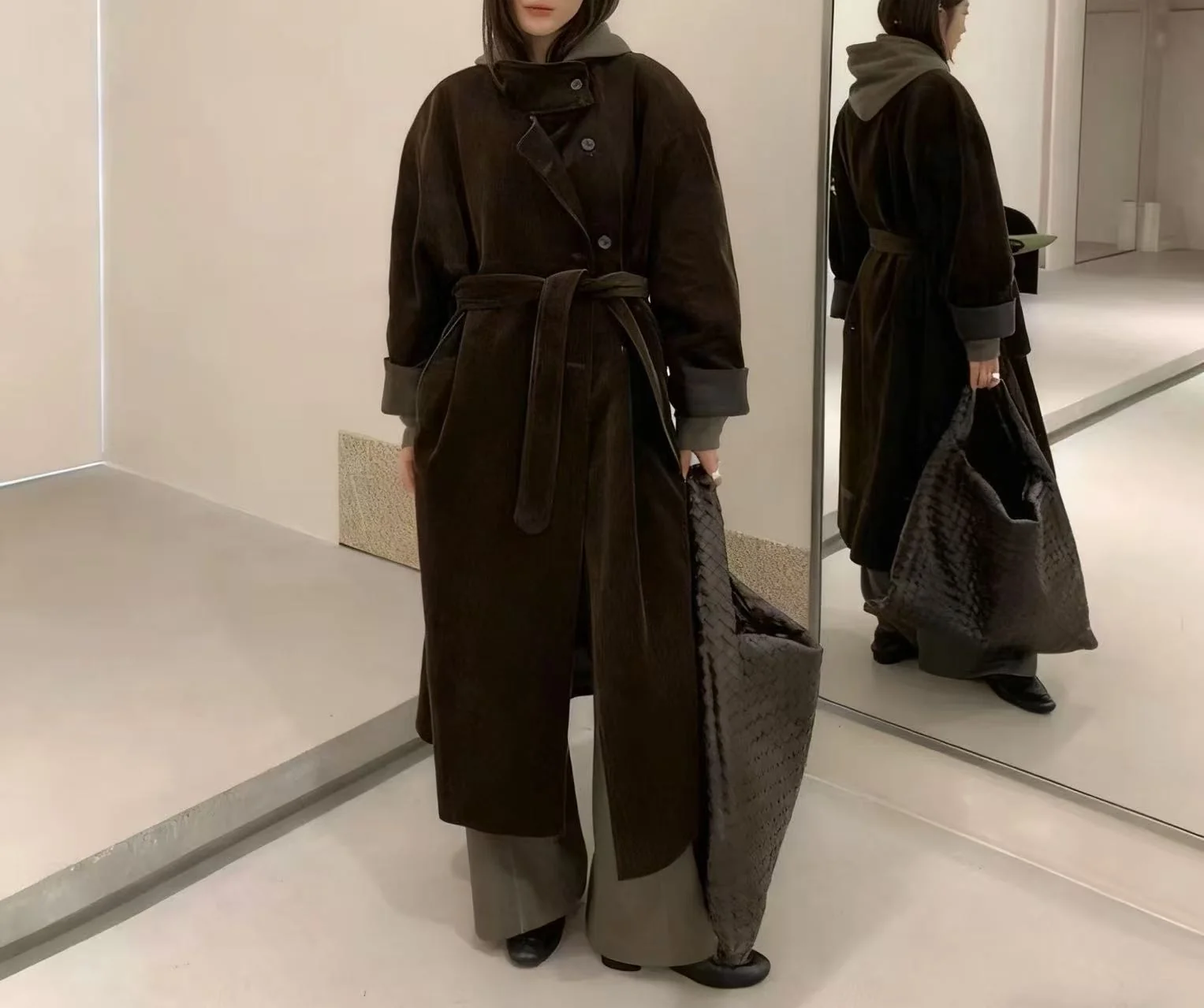 Women Stand Collar Corduroy Duck Down Long Coat Faux Leather Trim Belted Oversized Winter Puffer Trench Coat