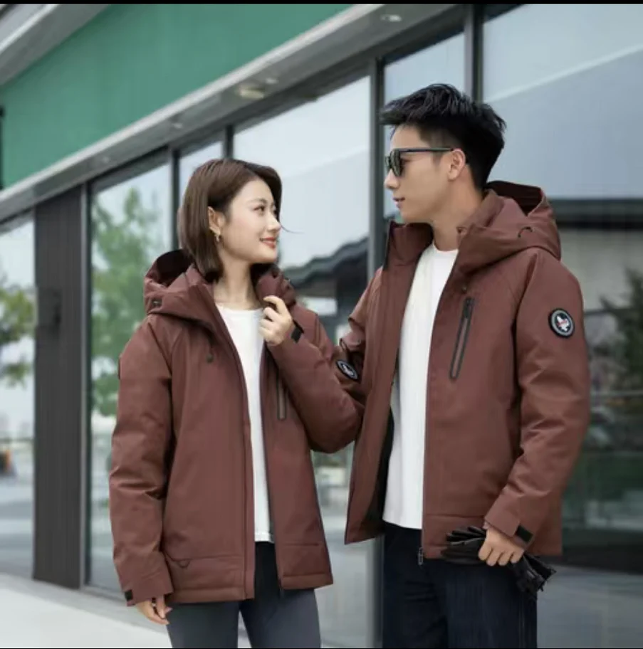 Men Women Matching Hooded Puffer Shell Jacket Zip‑Pocket Windproof Couple Outerwear