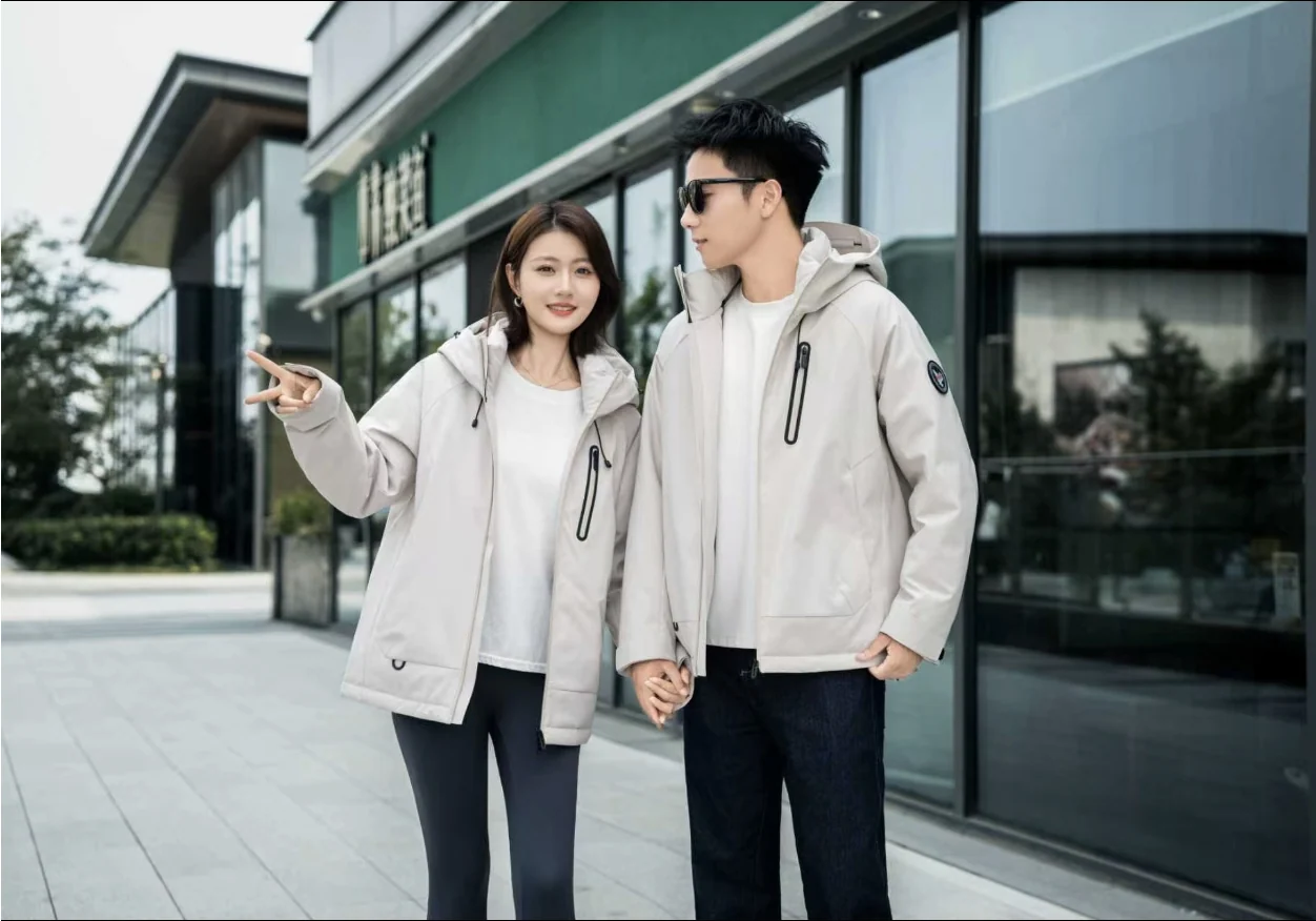 Men Women Matching Hooded Puffer Shell Jacket Zip‑Pocket Windproof Couple Outerwear