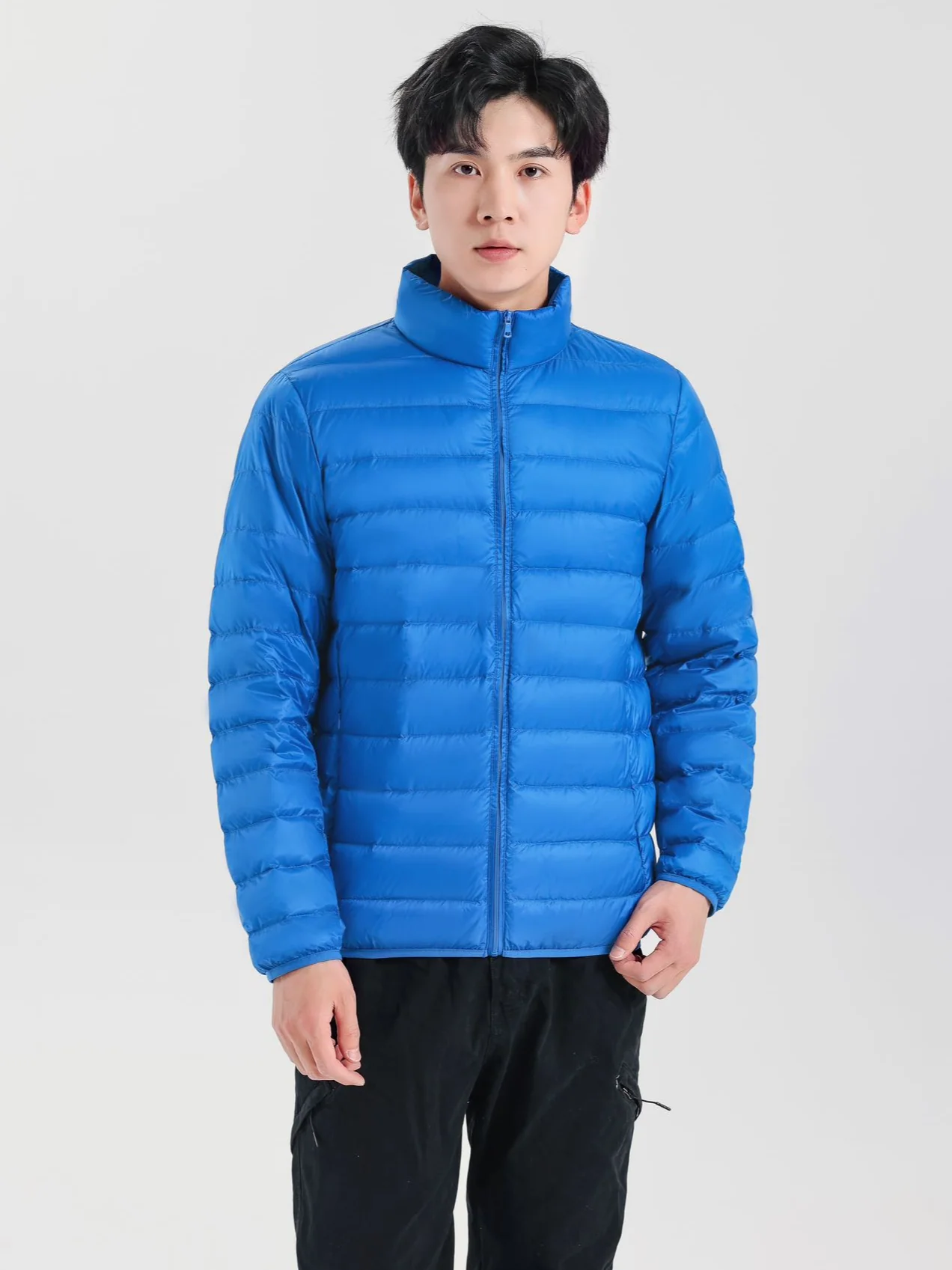 Men Casual Packable Light Puffer Jacket Stand‑Collar Zip‑Up Navy Blue Winter Outerwear