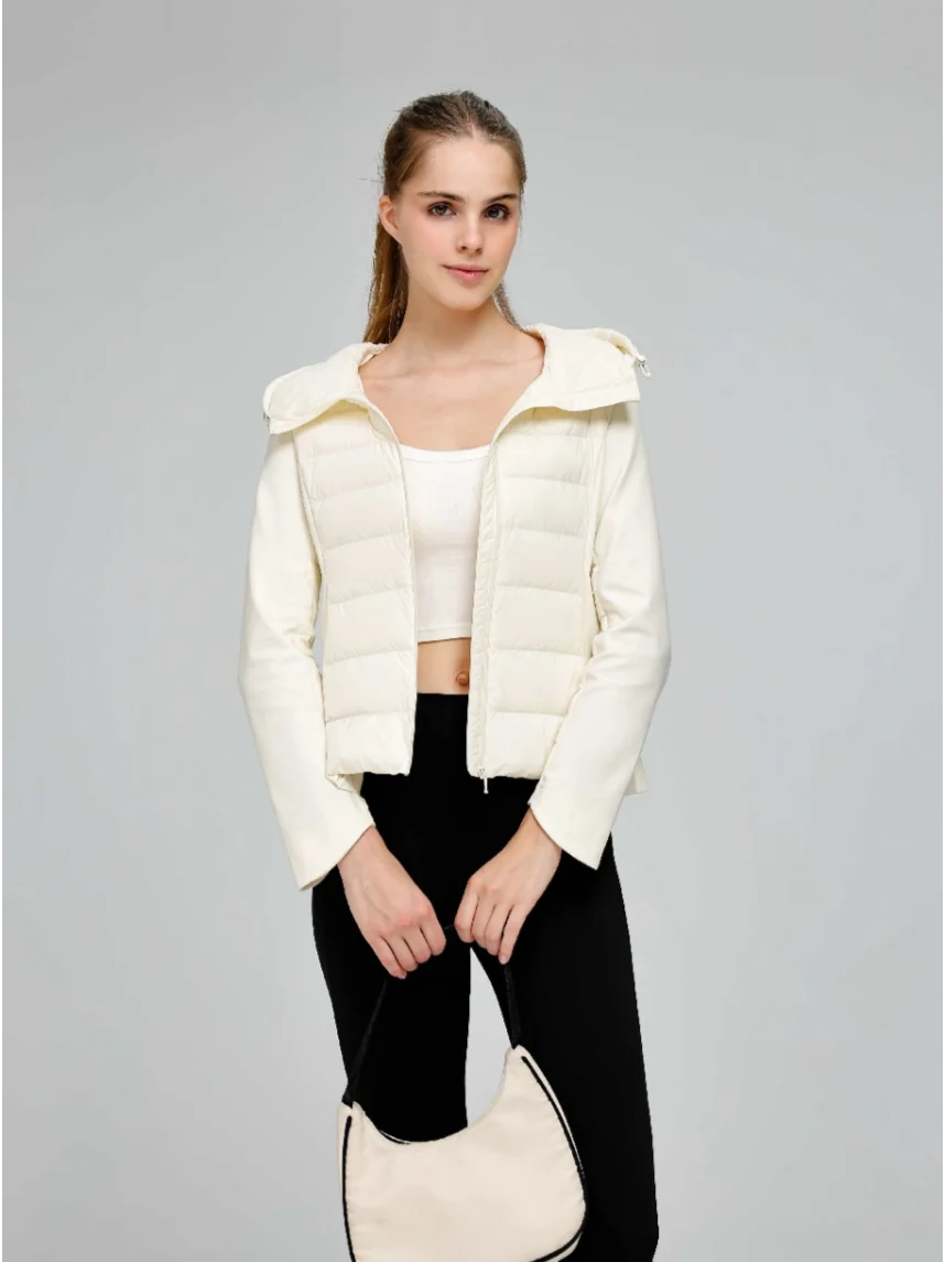 Women Slim Fit Hybrid 95% Goose Down Jacket, Stretch Spliced Hooded Lightweight Down Puffer Coat