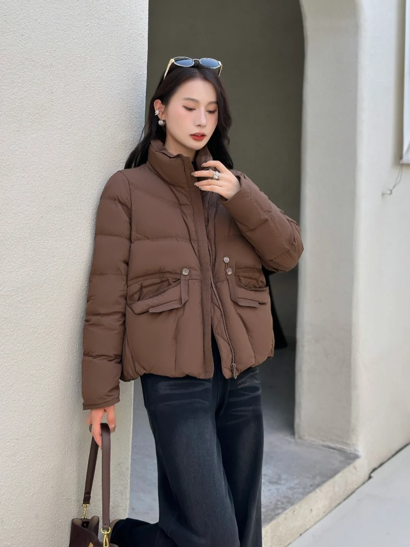 Ladies Utility‑Style Short Puffer Jacket Stand‑Neck Button‑Decorated Big Pockets City Outerwear