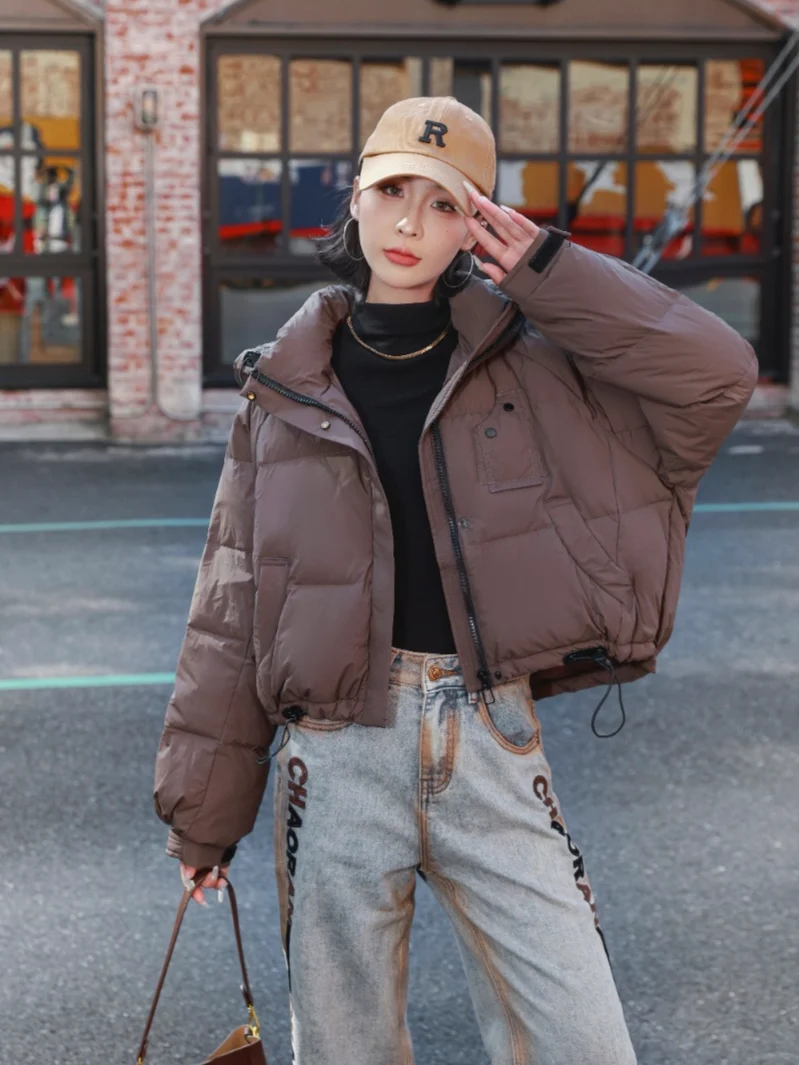 Ladies Trendy Cropped Hooded Puffer Jacket Drawstring Hem Loose Streetwear Winter Outerwear