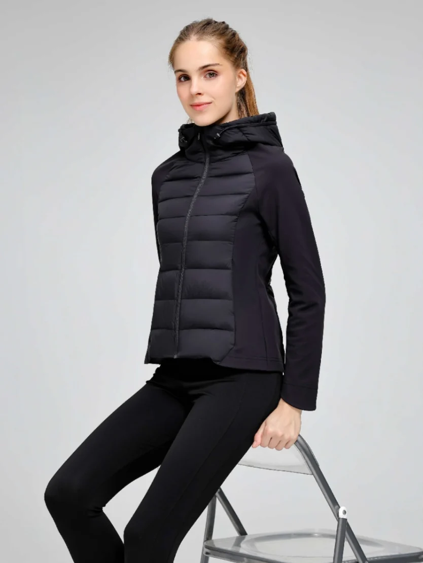 Women Slim Fit Hybrid 95% Goose Down Jacket, Stretch Spliced Hooded Lightweight Down Puffer Coat