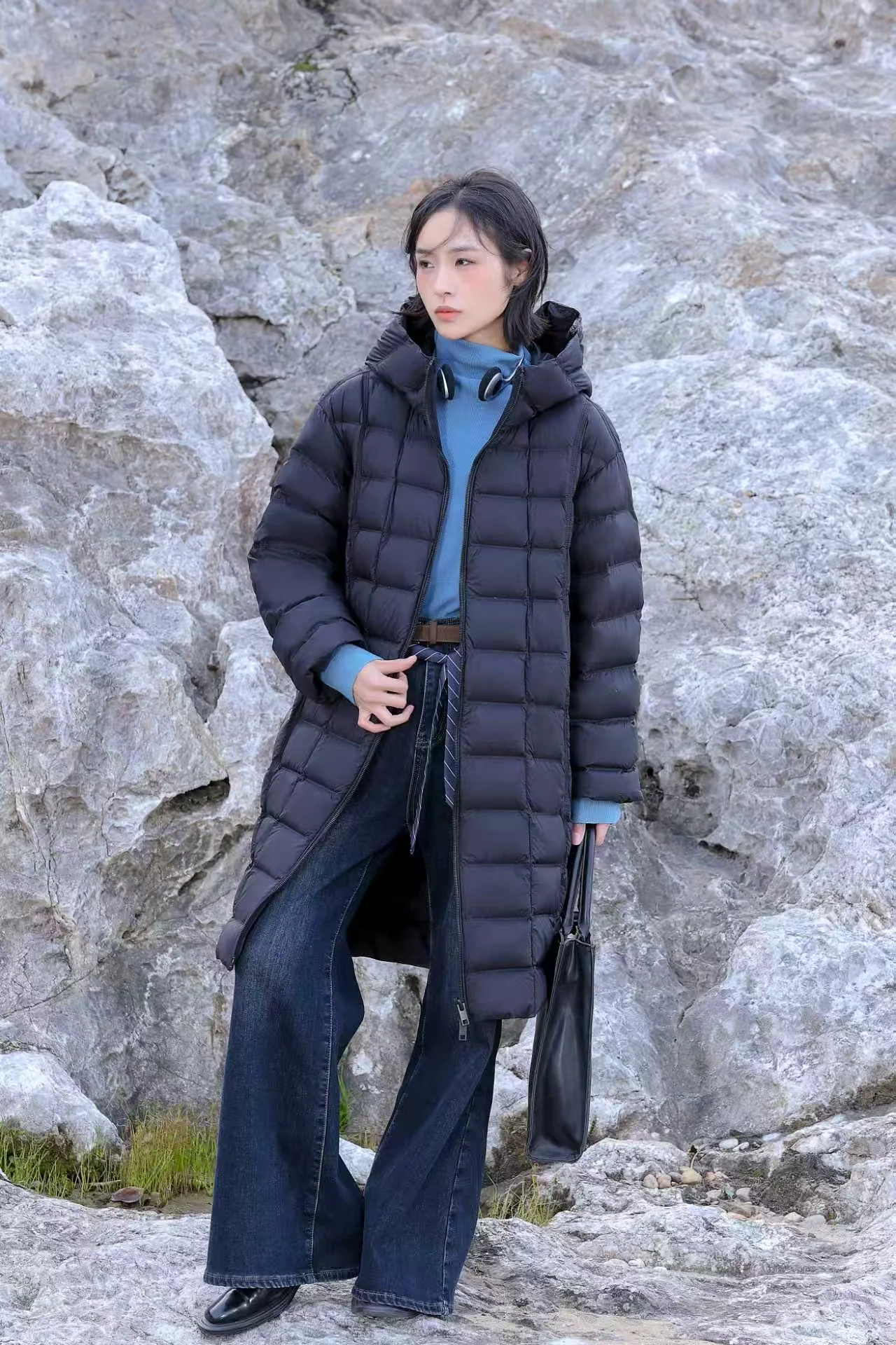 Women Lightweight Hooded Long Down Coat Korean Square Grid Quilted Mid Length Puffer Jacket Loose Winter Outerwear