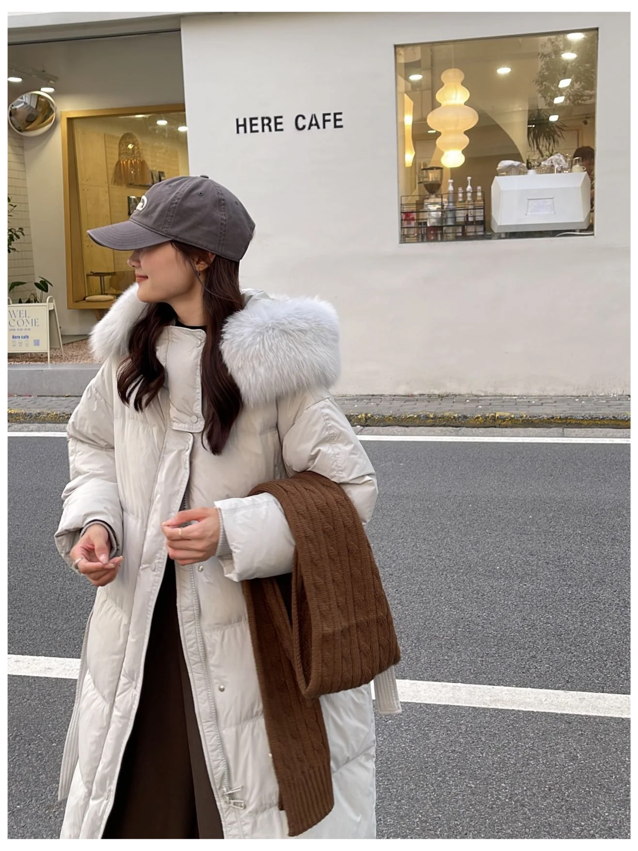 Women Long Hooded Down Coat With Big Real Fur Collar, Belted Waist Slim Fit Puffer Jacket Winter Outerwear