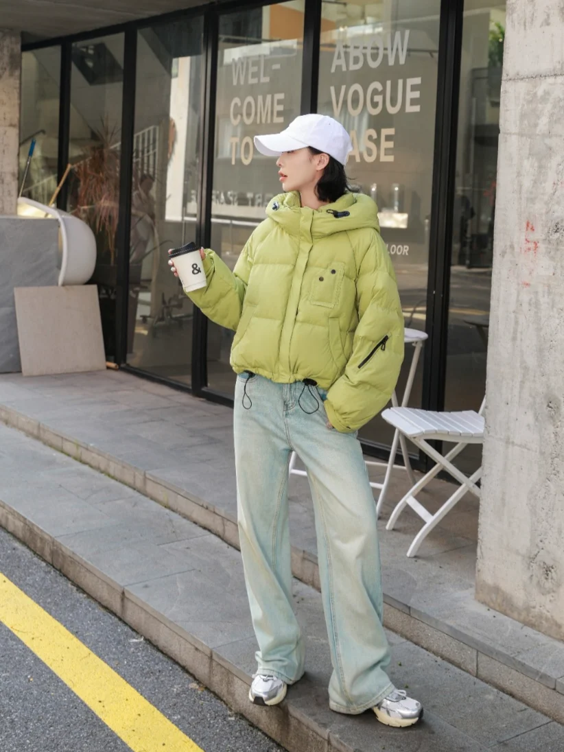 Ladies Trendy Cropped Hooded Puffer Jacket Drawstring Hem Loose Streetwear Winter Outerwear