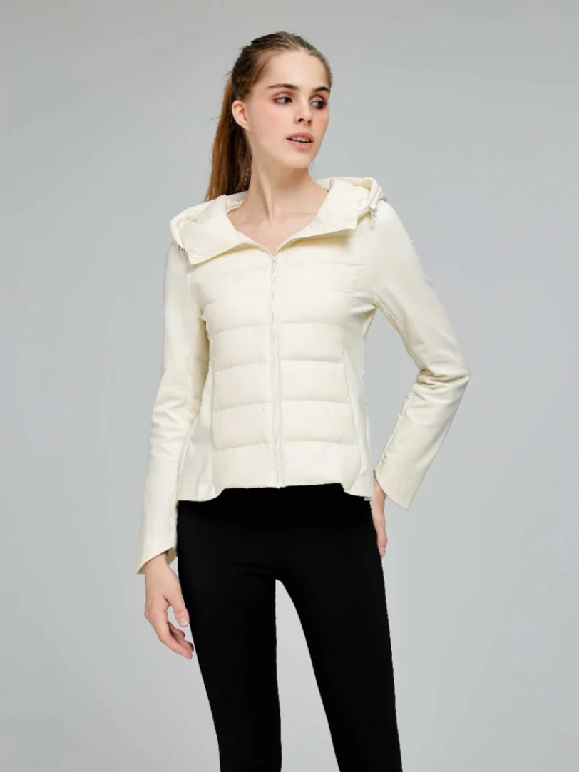 Women Slim Fit Hybrid 95% Goose Down Jacket, Stretch Spliced Hooded Lightweight Down Puffer Coat