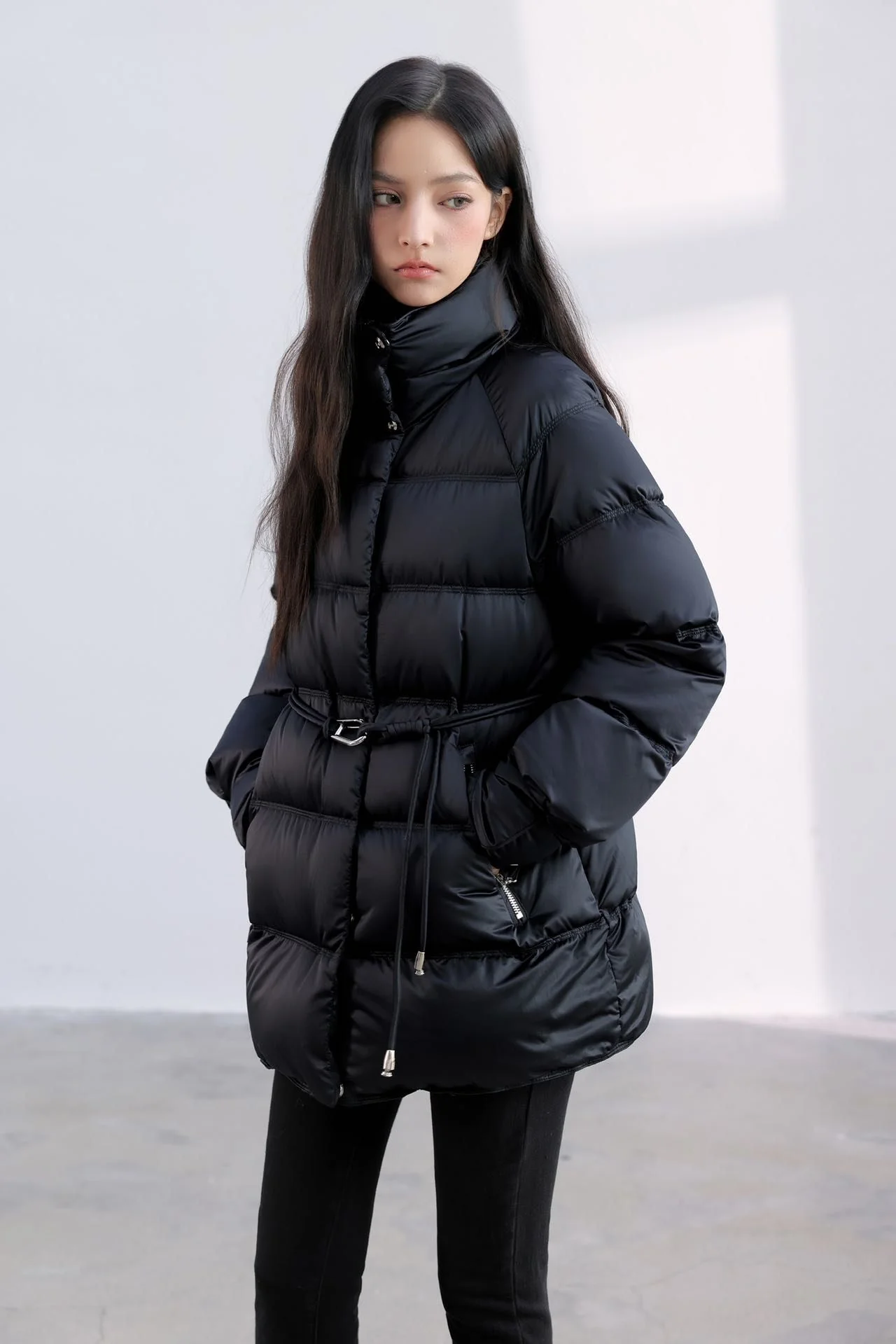 Women Stand Collar Waist‑Tie Duck Down Coat Belted Cinched Waist Puffer Jacket Mid Length Winter Outerwear