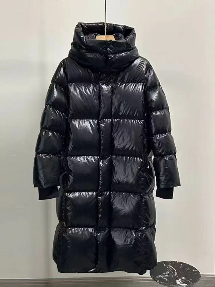 Women's Shiny Black Long Hooded Quilted Puffer Down Jacket, Oversized Warm Winter Coat