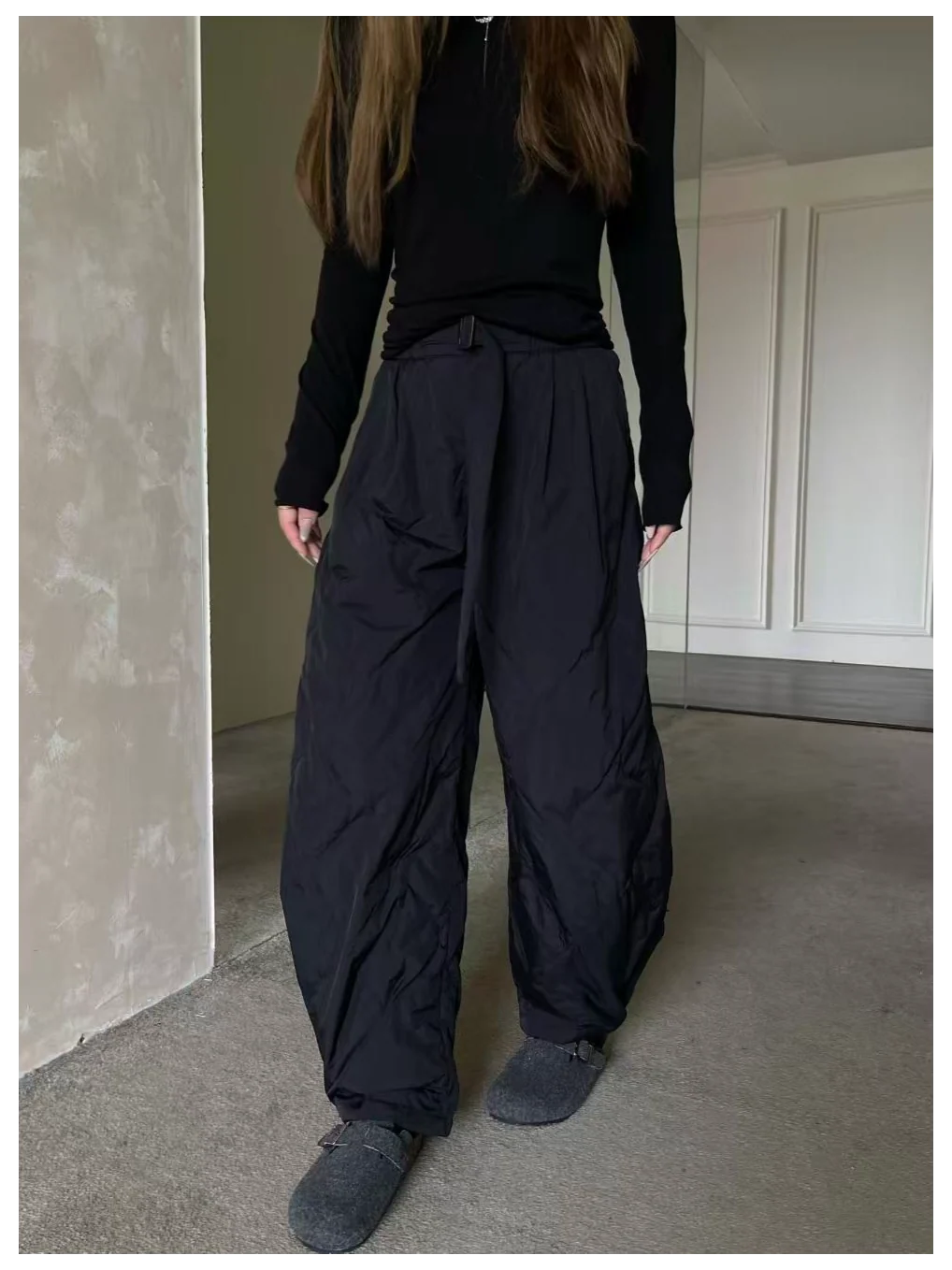Quilted Duck Down Wide Leg Pants, Unisex Casual Loose Winter Thermal Insulated Trousers with Adjustable Waist