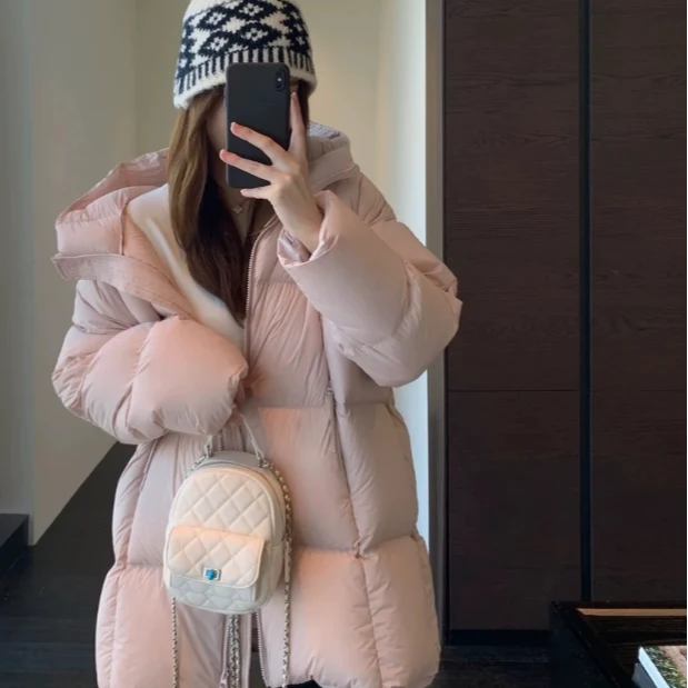 Women Loose Mid-Length Hooded Quilted Puffer Down Jacket, Zip Up Warm Casual Winter Coat