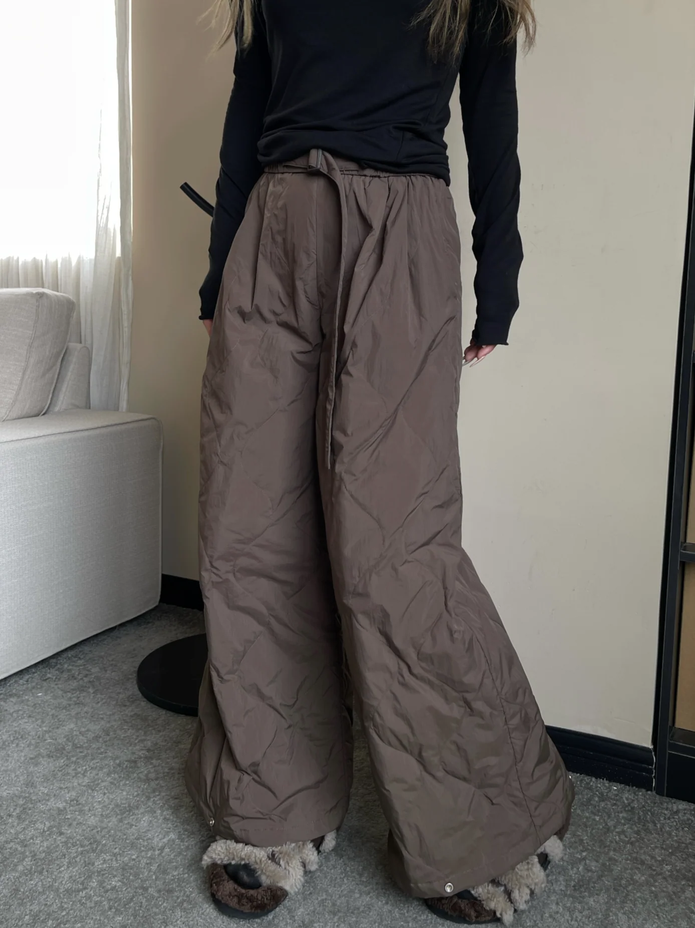 Quilted Duck Down Wide Leg Pants, Unisex Casual Loose Winter Thermal Insulated Trousers with Adjustable Waist