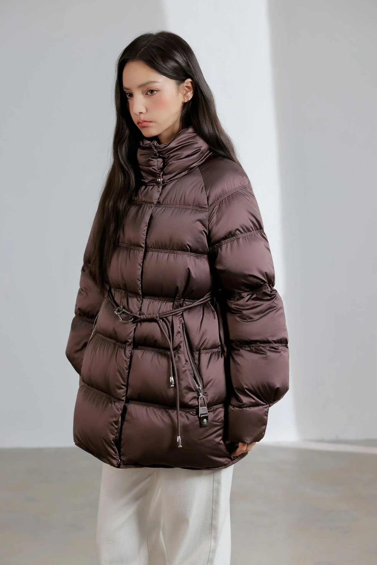 Women Stand Collar Waist‑Tie Duck Down Coat Belted Cinched Waist Puffer Jacket Mid Length Winter Outerwear