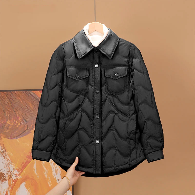Women Lightweight Quilted Shirt‑Style Down Jacket Lapel Collar Button‑Up Winter Coat Khaki