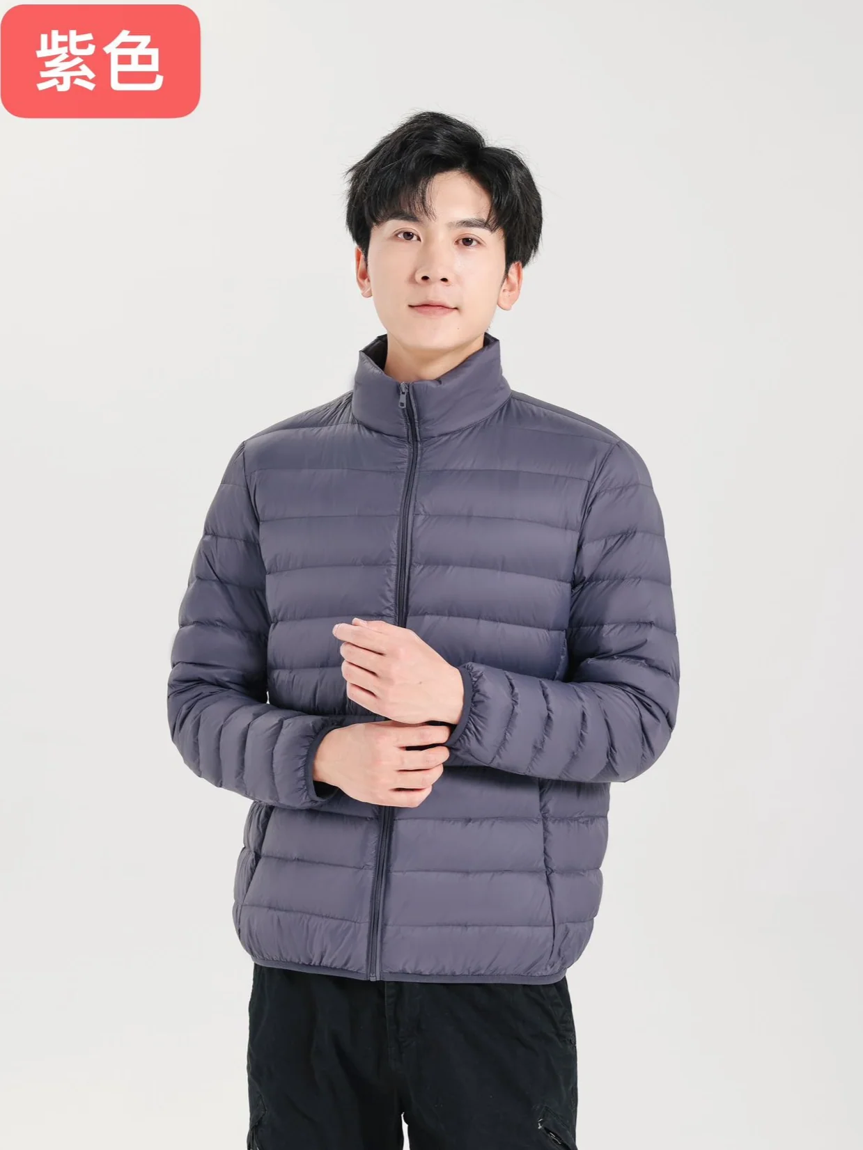 Men Casual Packable Light Puffer Jacket Stand‑Collar Zip‑Up Navy Blue Winter Outerwear