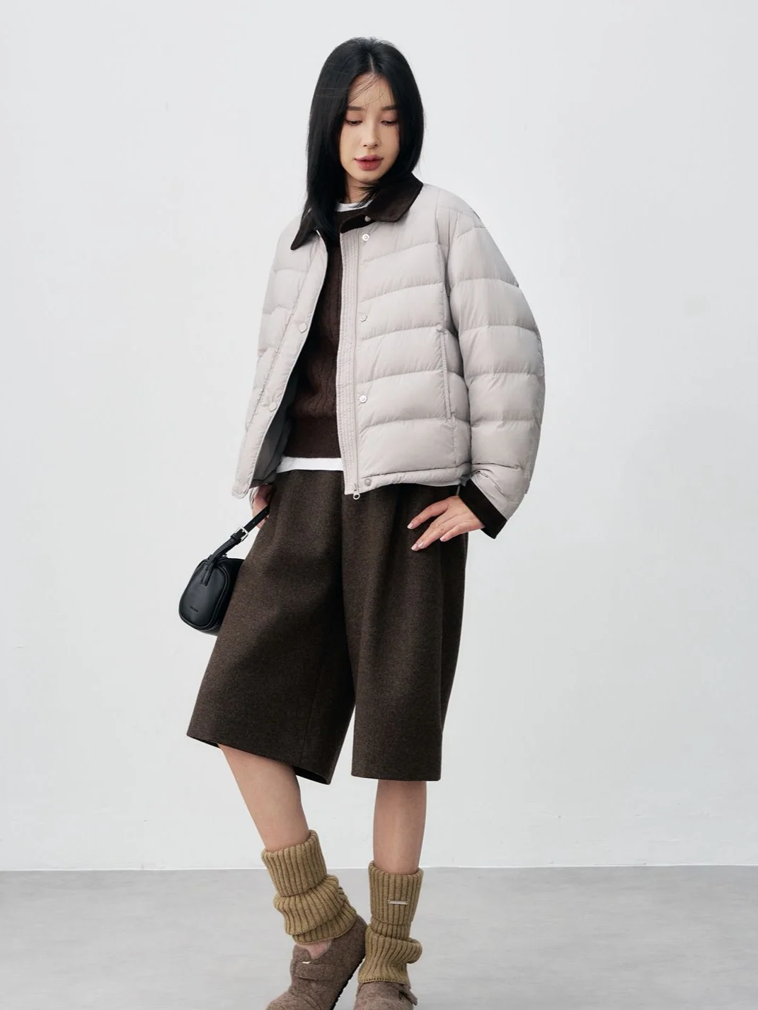 Ladies Retro Corduroy Collar Quilted Puffer Jacket Zip Up Short Winter Outerwear