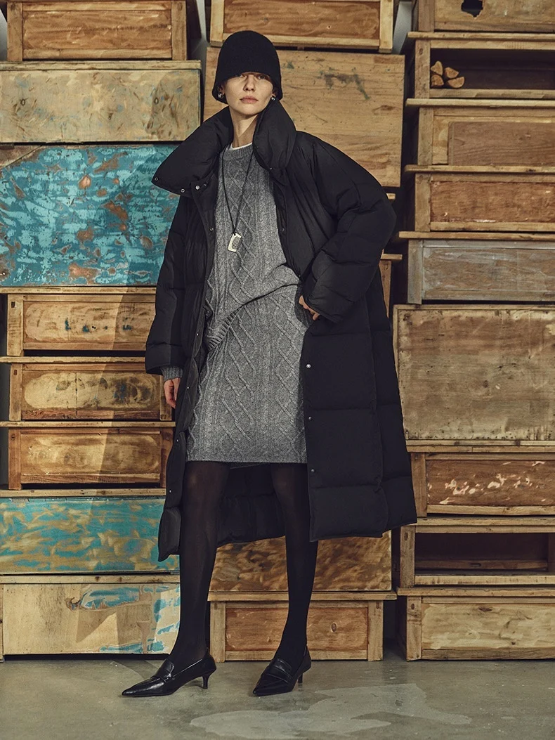 Women Oversized Stand Collar Long Duck Down Coat Maxi Length Loose Puffer Winter Down Jacket