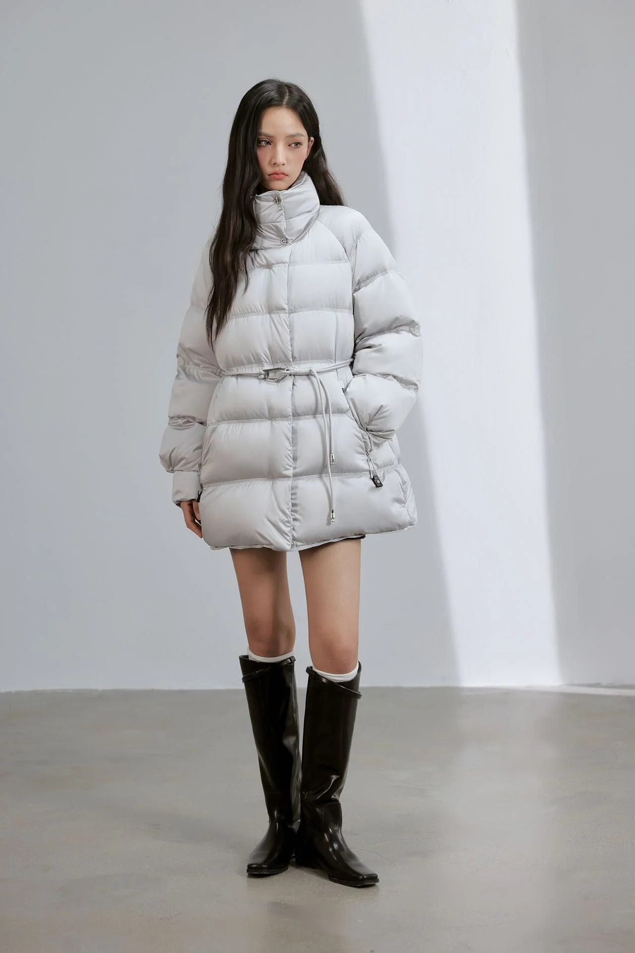 Women Stand Collar Waist‑Tie Duck Down Coat Belted Cinched Waist Puffer Jacket Mid Length Winter Outerwear
