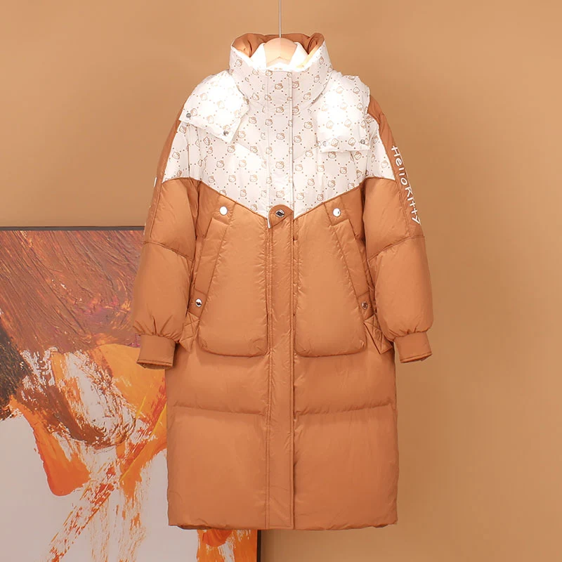 **** Women Long Hooded Duck Down Coat Color‑Block Cartoon Print Loose Puffer Winter Jacket ****