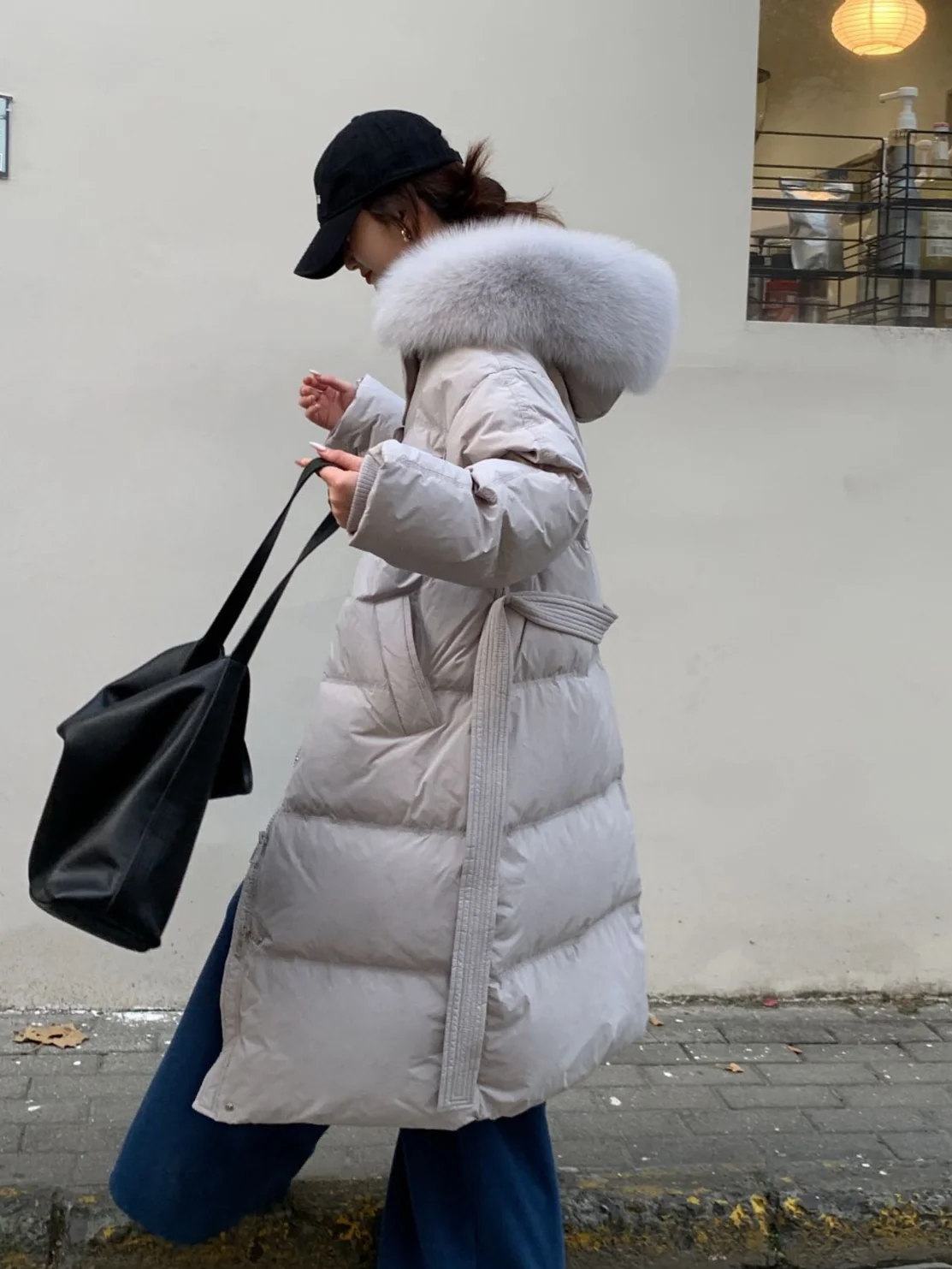 Women Long Hooded Down Coat With Big Real Fur Collar, Belted Waist Slim Fit Puffer Jacket Winter Outerwear