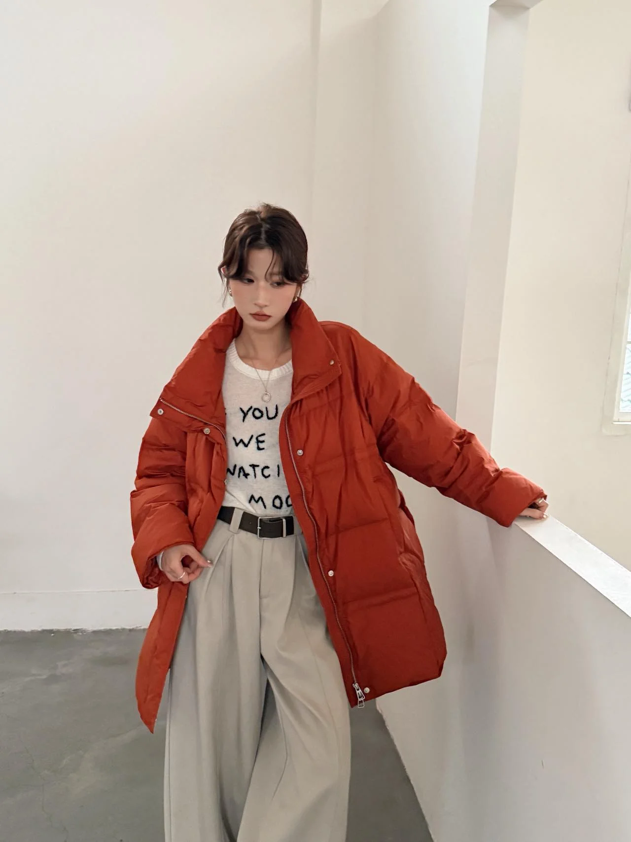 Women Oversized Mid‑Length Duck Down Coat High Stand Collar Zip‑Up Quilted Puffer Jacket Winter Outerwear