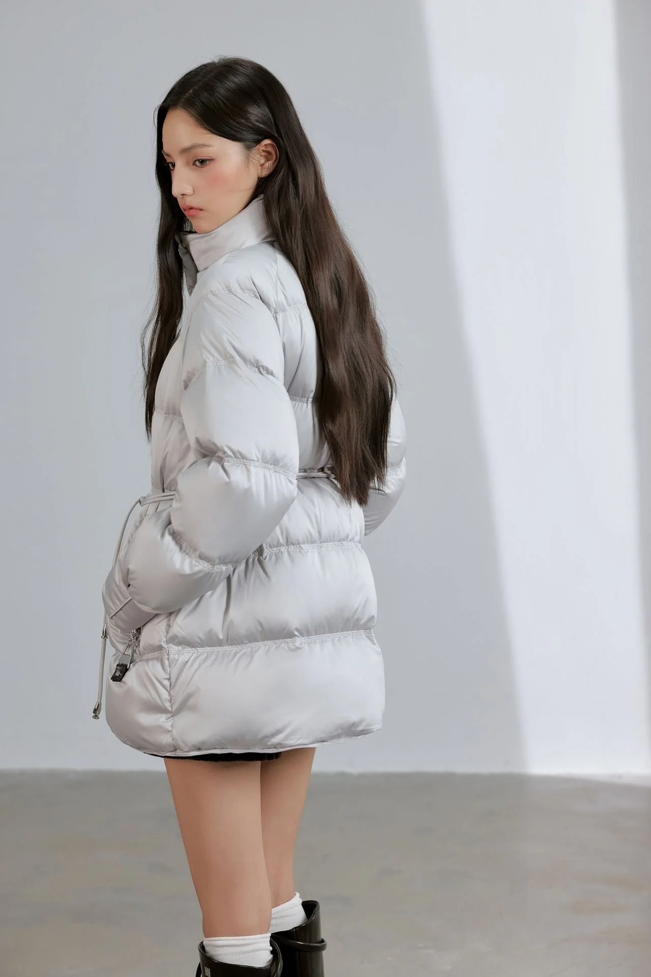 Women Stand Collar Waist‑Tie Duck Down Coat Belted Cinched Waist Puffer Jacket Mid Length Winter Outerwear