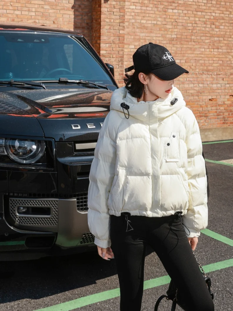 Ladies Boxy Cropped Hooded Puffer Jacket Drawstring Hem Loose Fit Casual Winter Outerwear