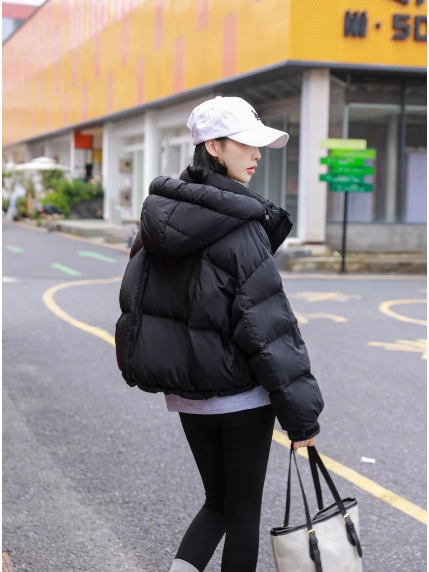 Ladies Trendy Cropped Hooded Puffer Jacket Drawstring Hem Loose Streetwear Winter Outerwear