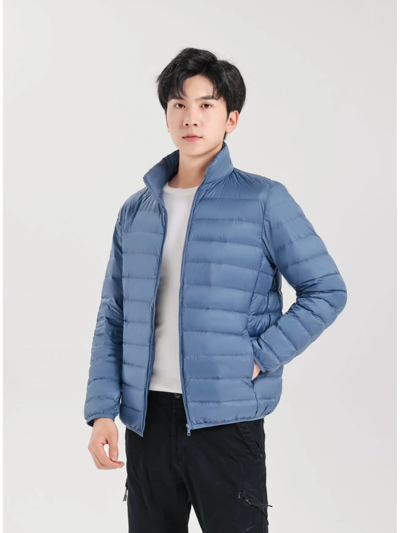 Men Casual Packable Light Puffer Jacket Stand‑Collar Zip‑Up Navy Blue Winter Outerwear