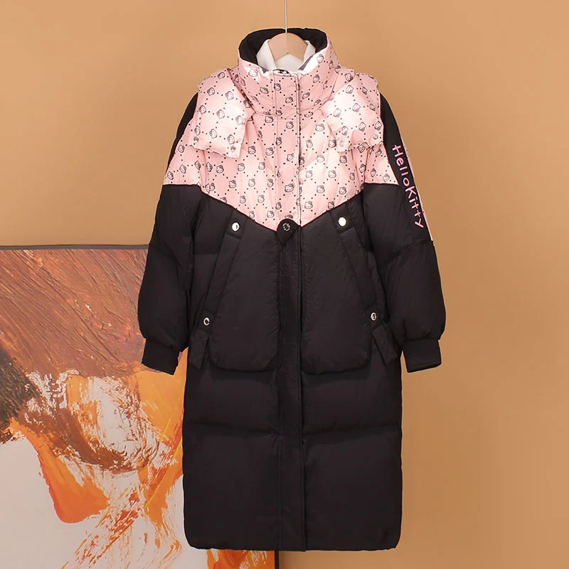 **** Women Long Hooded Duck Down Coat Color‑Block Cartoon Print Loose Puffer Winter Jacket ****