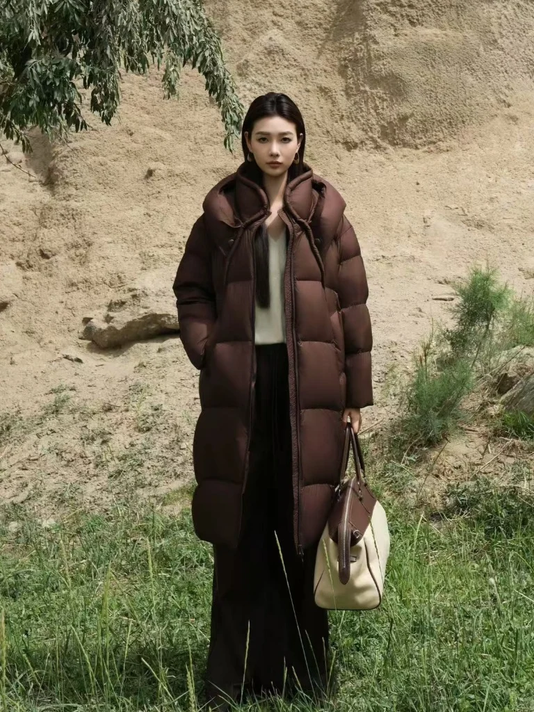 Women 90% Goose Down Long Hooded Puffer Coat Loose Oversized Warm Winter Down Jacket Outerwear