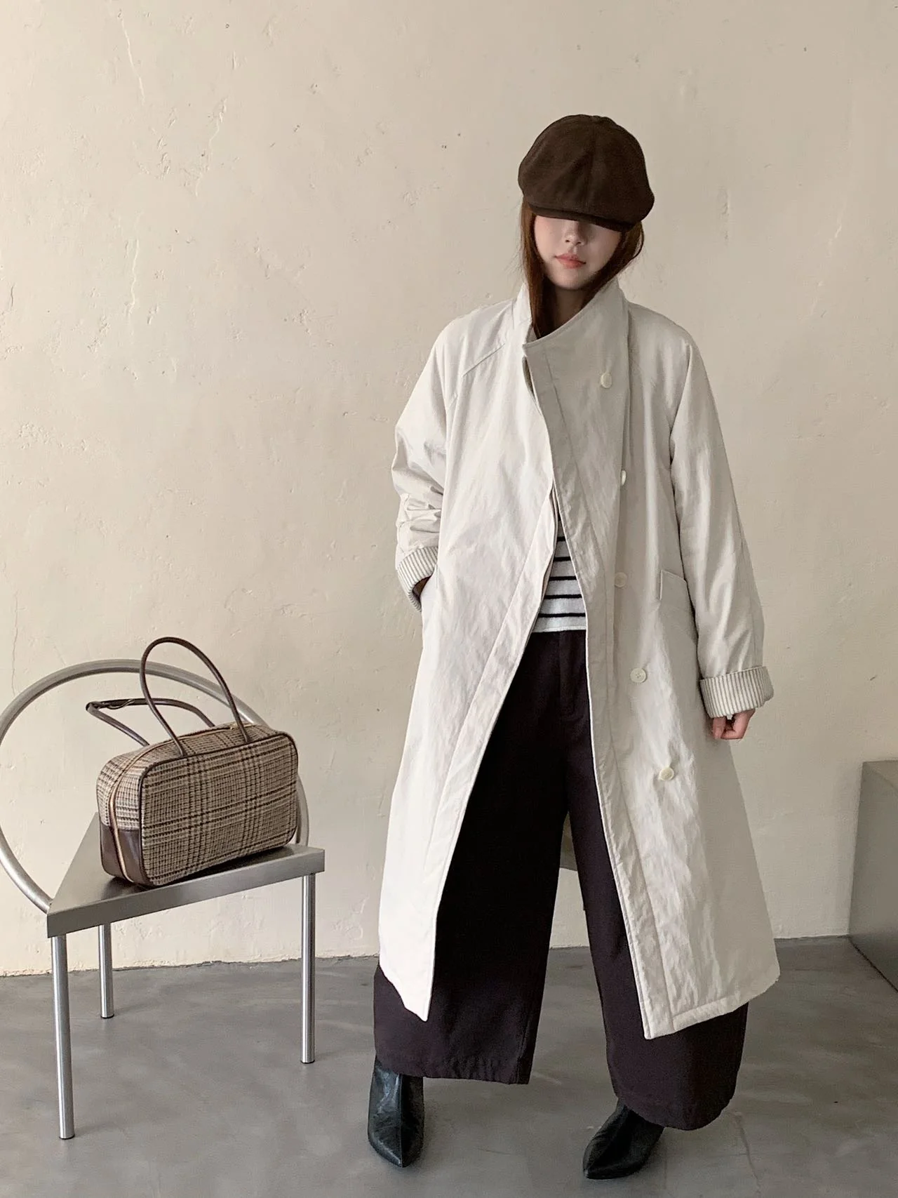 Women Long Trench‑Style Duck Down Coat Oversized Loose Lapel Stand Collar Midi Winter Puffer Parka With Striped Cuff Liner