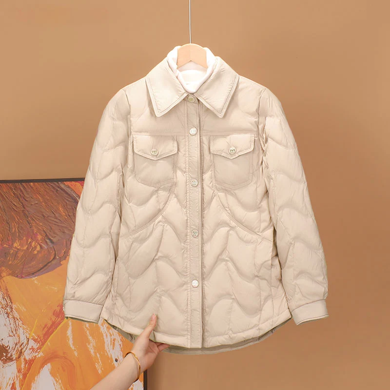 Women Lightweight Quilted Shirt‑Style Down Jacket Lapel Collar Button‑Up Winter Coat Khaki