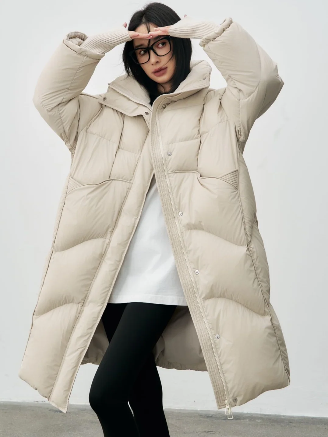 Women Oversized High Collar Long Duck Down Coat Ribbed Cuff Loose Quilted Puffer Winter Jacket